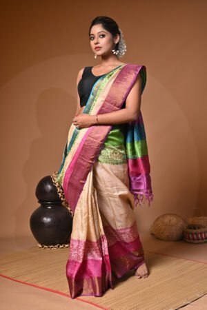 Handblock Print Pure Bushnupuri Zariborder Tussar Saree – Silk Mark Certifie