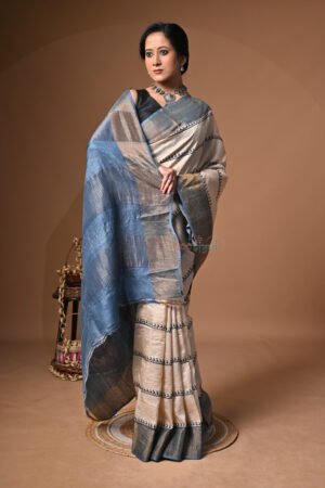 Handblock Print Bishnupuri Zari Tussar Saree With Running BP
