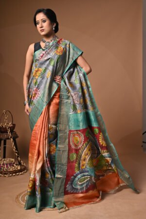 Hand-painted kalamkari on pure Bishnupuri Zari Border Tussar Silk