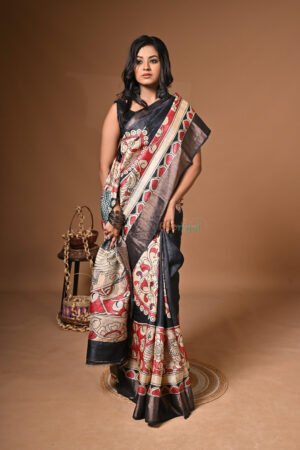 Handpainted Kalamkari Saree on pure Bishnupuri Zari Tussar