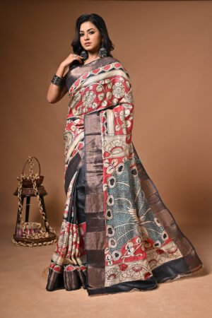 Handpainted Kalamkari Saree on pure Bishnupuri Zari Tussar