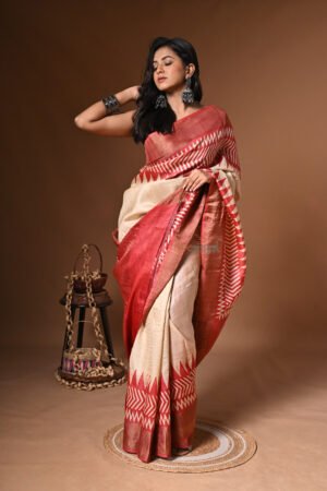 Hand Block Print Pure Bishnupuri Tussar Saree with Zari Border