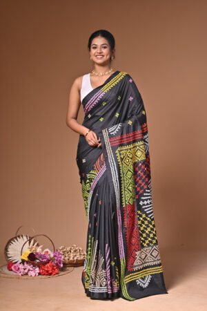 Handcrafted Gujarati Stitch Saree,  with exquisite Mirror Work on luxurious Blended Bangalore Silk