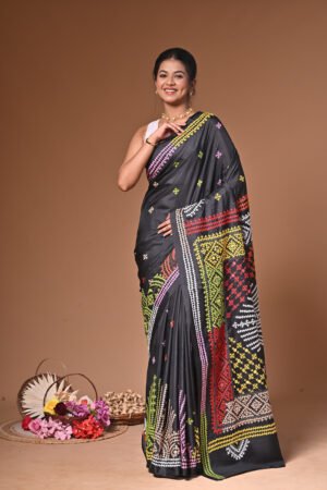Handcrafted Gujarati Stitch Saree,  with exquisite Mirror Work on luxurious Blended Bangalore Silk