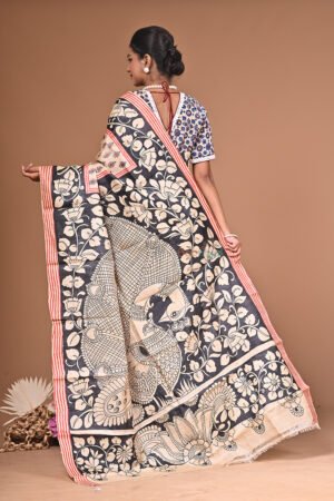 Handpainted Kalamkari Saree on Pure Tussar Silk – Running Blouse Piece, Silkmark Certified
