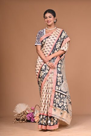 Handpainted Kalamkari Saree on Pure Tussar Silk – Running Blouse Piece, Silkmark Certified