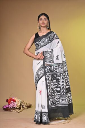 White and black Cotton Hand Block print saree
