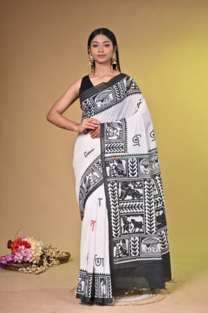 White and black Cotton Hand Block print saree