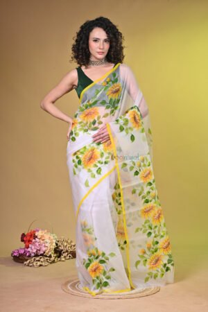 Sunshine Bloom: Handpainted Sunflower Organza Saree OG001