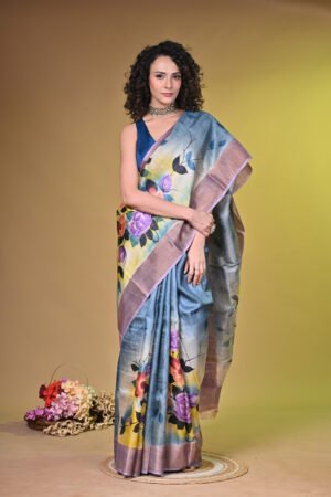 Premium Handpainted Floral body Bishnupuri Tussar Saree with Zari Border