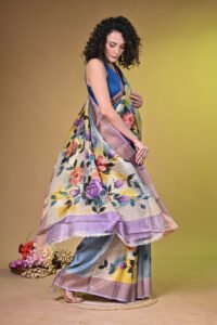 Premium Handpainted Floral body Bishnupuri Tussar Saree with Zari Border