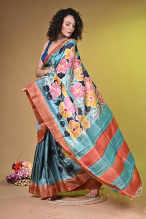 Handpainted Premium Bishnupuri Tussar Silk Saree with Zari Border