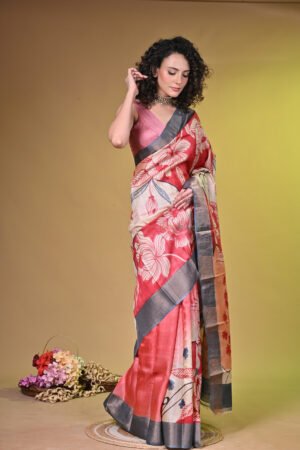 Premium Hand-Painted Bishnupuri Tussar Silk Saree with Zari Border