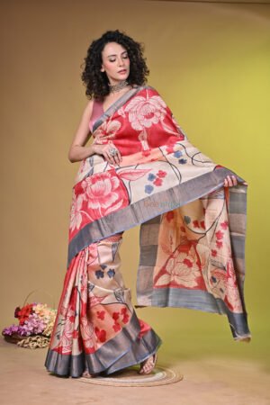 Premium Hand-Painted Bishnupuri Tussar Silk Saree with Zari Border