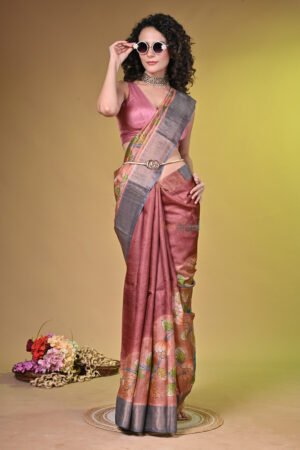 Premium Hand-Painted Kalamkari Saree on Pure Bishnupuri Tussar Silk