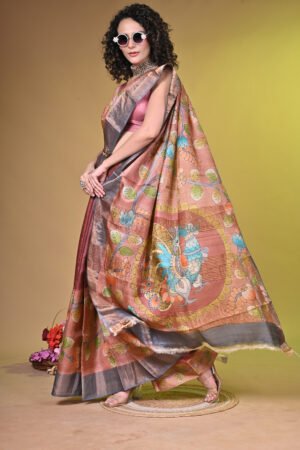 Premium Hand-Painted Kalamkari Saree on Pure Bishnupuri Tussar Silk