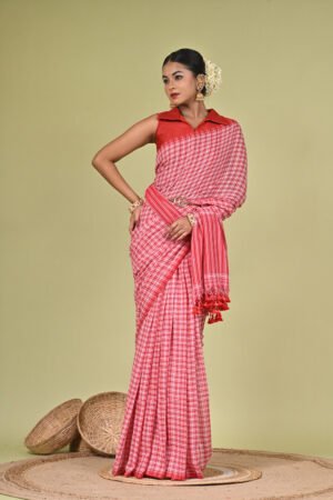 Authentic Mul Cotton Red & White Check Saree