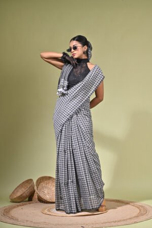Authentic Mul Cotton Black New Check Saree