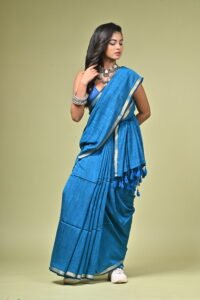Royal Blue Khadi Saree with Golden Border – Summer Elegance
