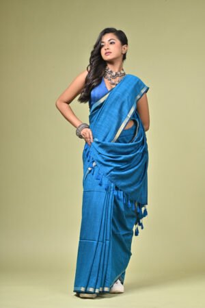 Royal Blue Khadi Saree with Golden Border – Summer Elegance