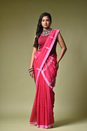 Pastel Pink Handwoven Jamdani Saree on Pure Mul Cotton