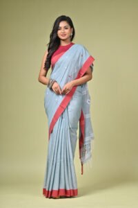 Pure Bhujodi Handloom Cotton Saree in Powder Blue with Crimson Red Border & Extra-Weft Motifs